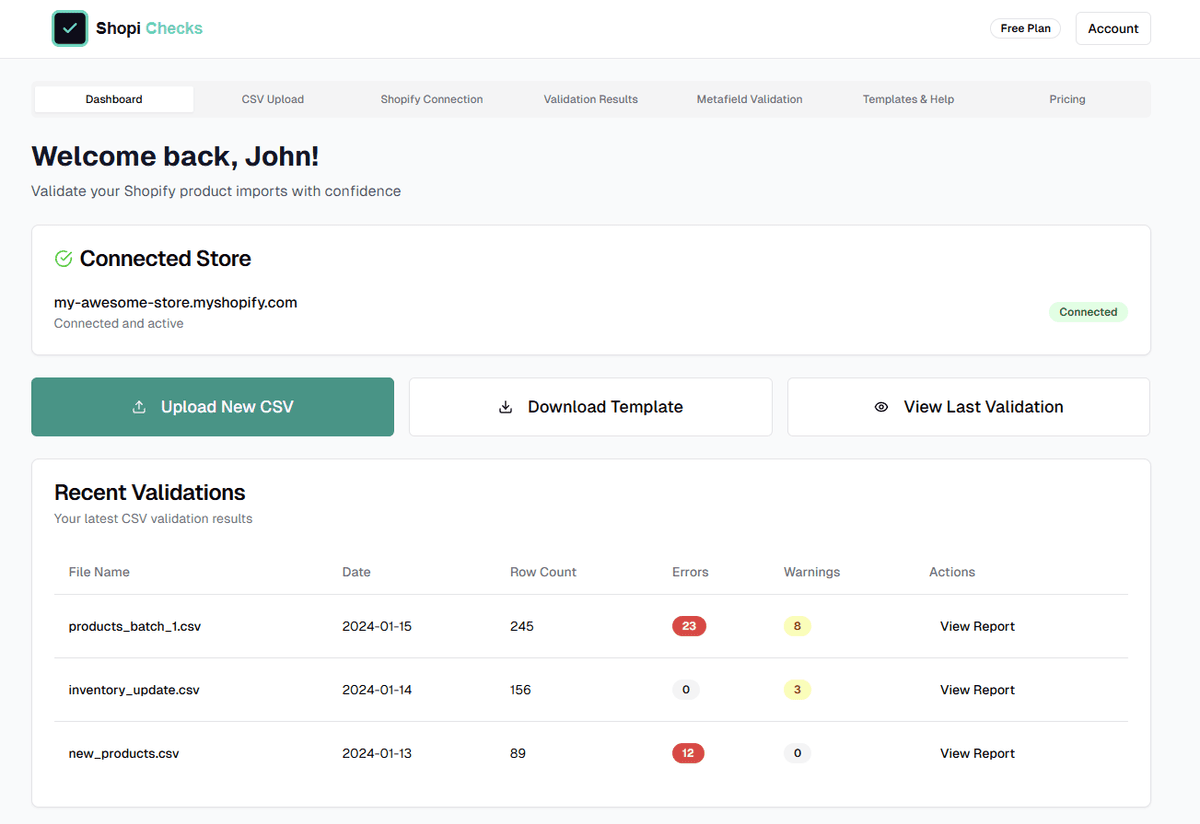 Shopi Checks Dashboard - Overview of validation history and connected store